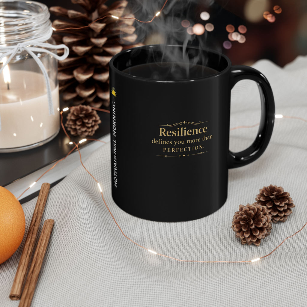 Motivational Morning Black Mug — “Resilience defines you more than perfection” Inspirational Coffee Cup